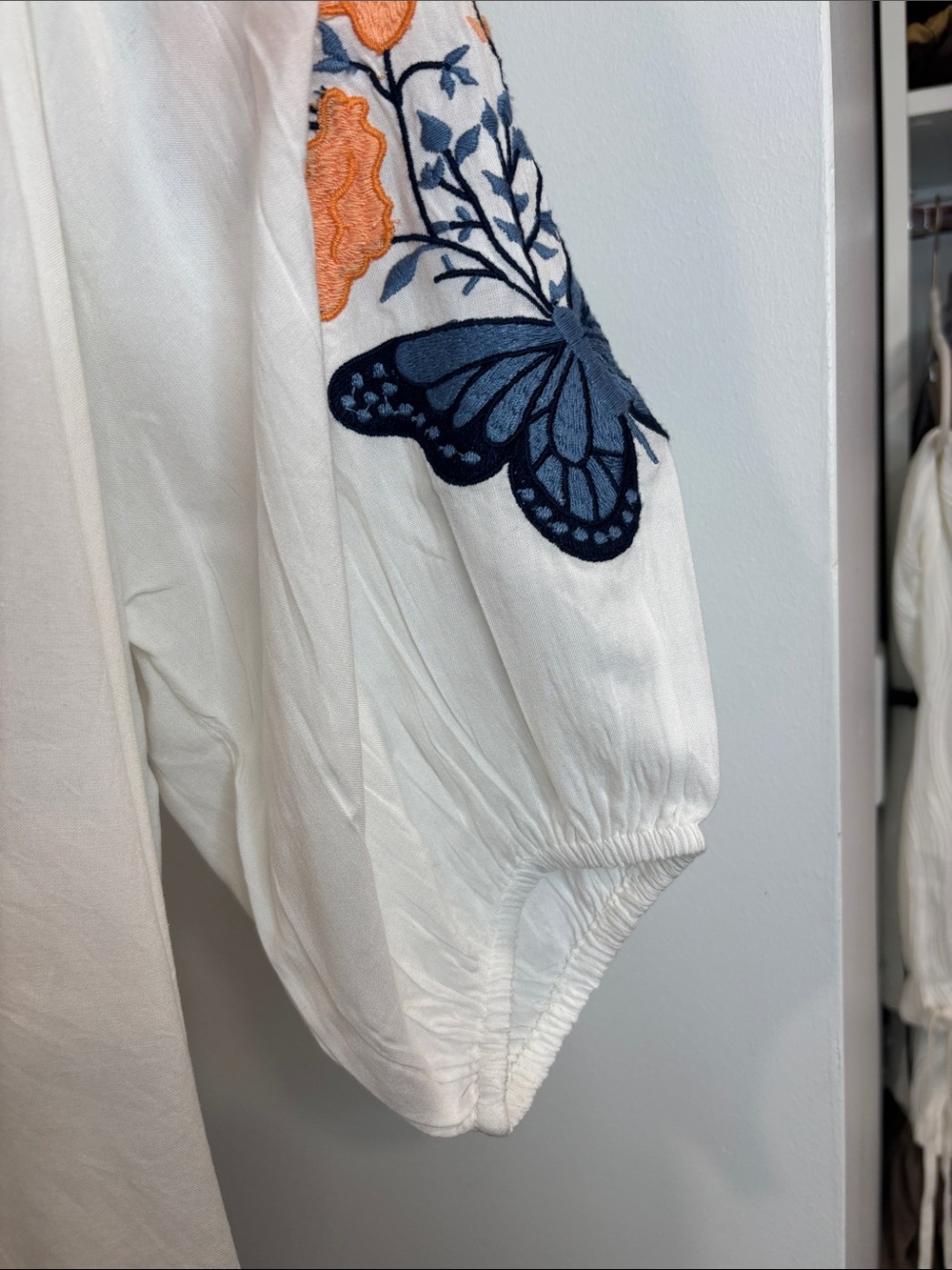 Solitaire White Peasant Blouse with Blue Butterfly Embroidery - Picture 6 of 7